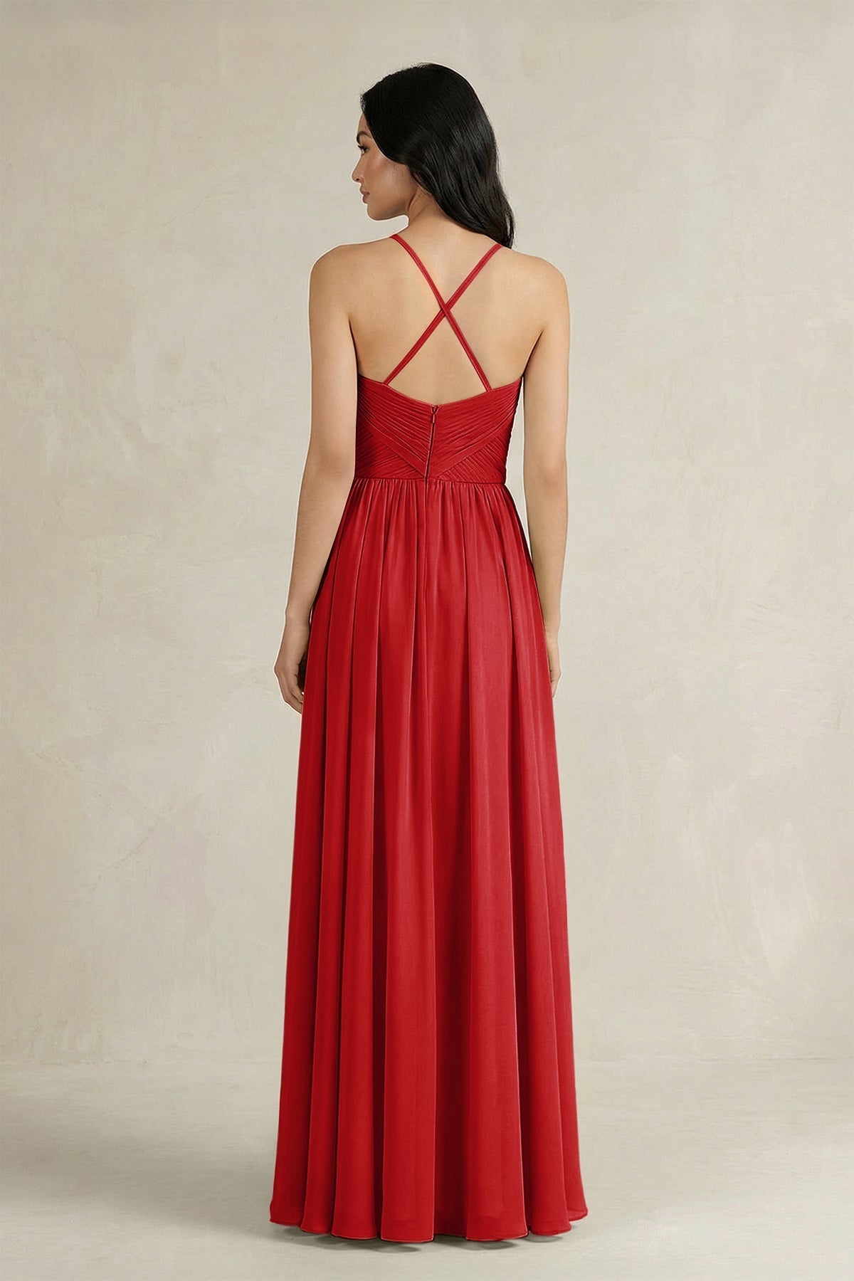 A-Line Pleated Spaghetti Strap Chiffon Bridesmaid Dress in Ruby Red