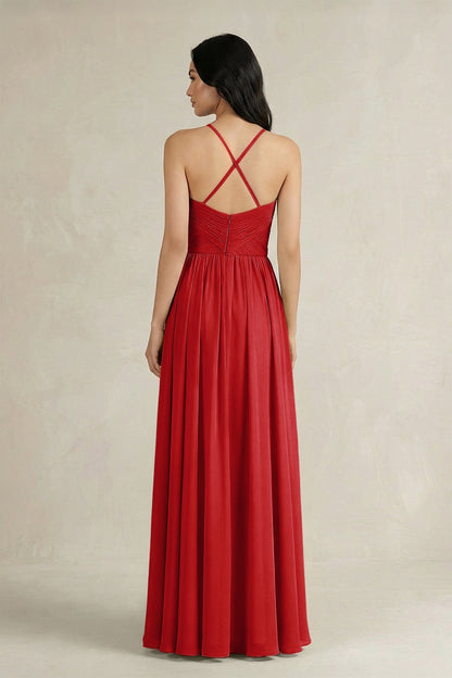 A-Line Pleated Spaghetti Strap Chiffon Bridesmaid Dress in Ruby Red