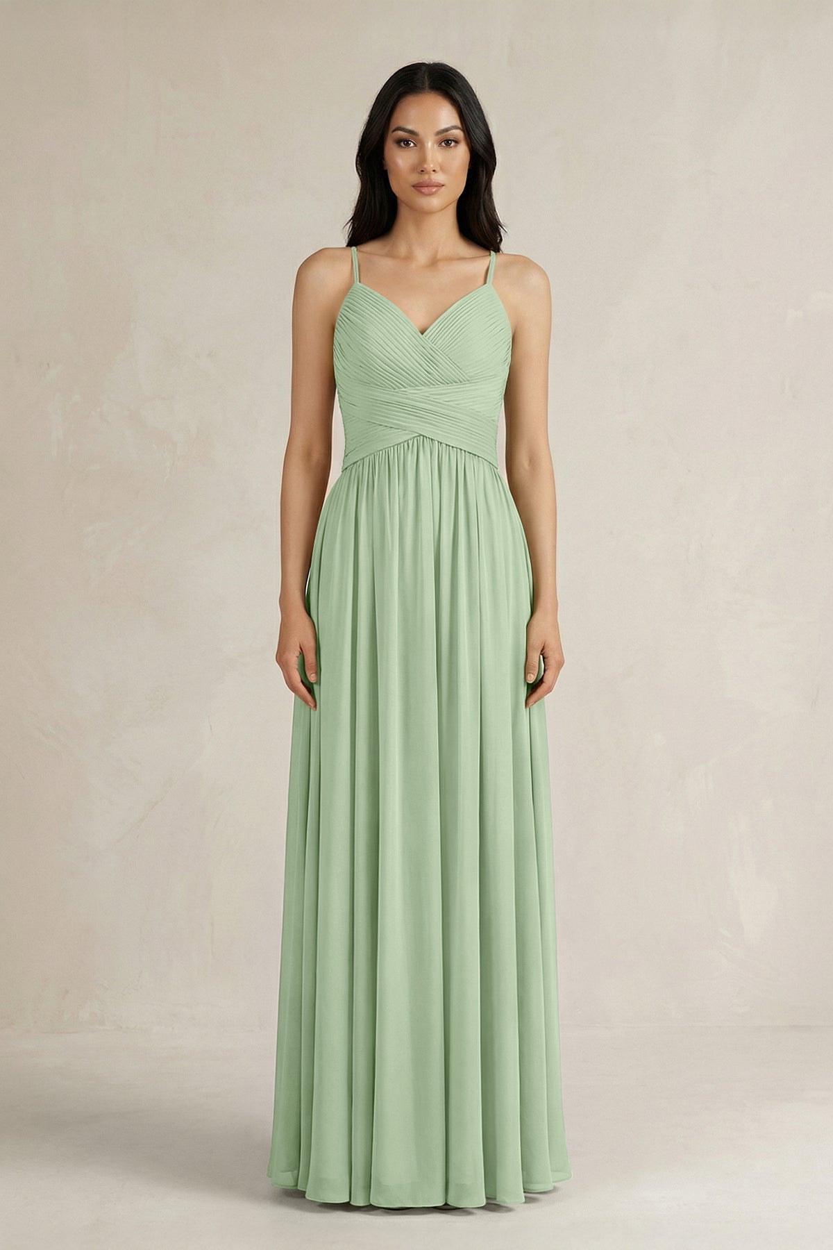 A-Line Pleated Spaghetti Strap Chiffon Bridesmaid Dress in Sage