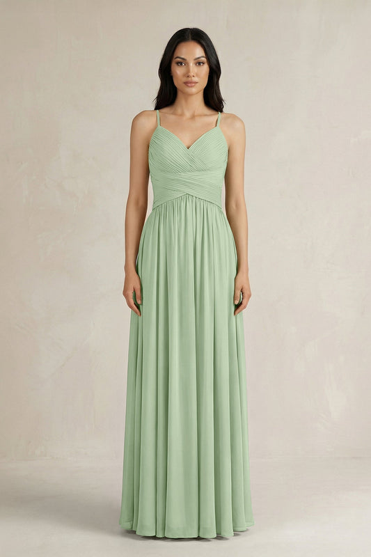 A-Line Pleated Spaghetti Strap Chiffon Bridesmaid Dress in Sage