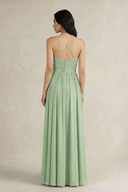 A-Line Pleated Spaghetti Strap Chiffon Bridesmaid Dress in Sage