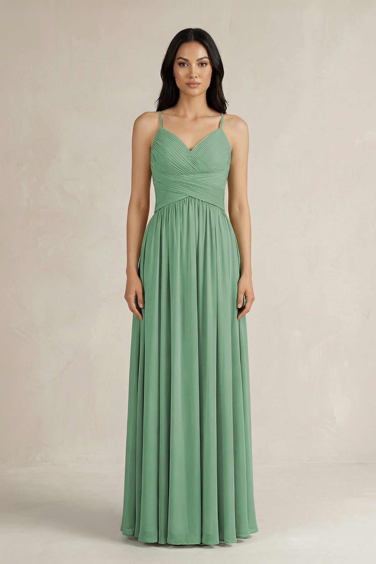 A-Line Pleated Spaghetti Strap Chiffon Bridesmaid Dress in Sea Glass