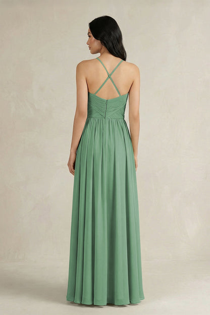 A-Line Pleated Spaghetti Strap Chiffon Bridesmaid Dress in Sea Glass
