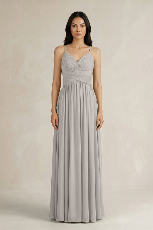 A-Line Pleated Spaghetti Strap Chiffon Bridesmaid Dress in Silver