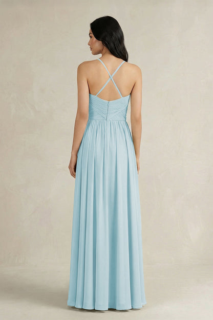 A-Line Pleated Spaghetti Strap Chiffon Bridesmaid Dress in Sky Blue