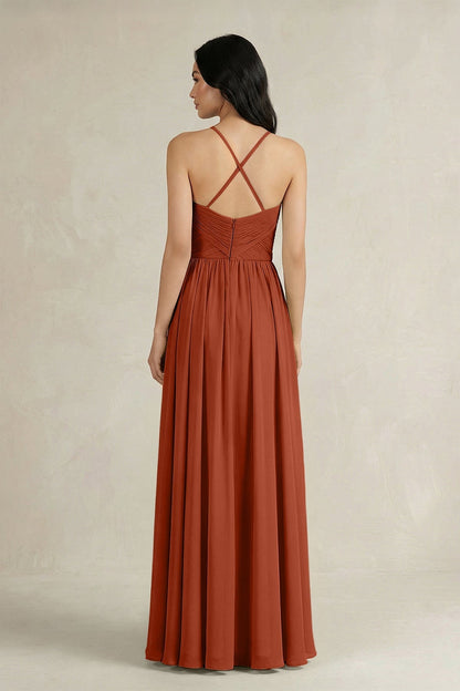 A-Line Pleated Spaghetti Strap Chiffon Bridesmaid Dress in Spice