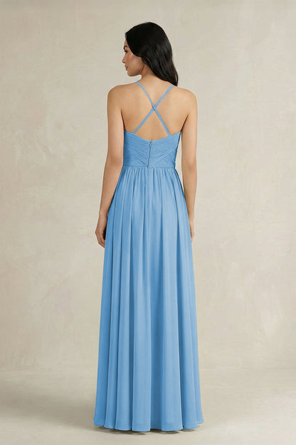 A-Line Pleated Spaghetti Strap Chiffon Bridesmaid Dress in Steel Blue