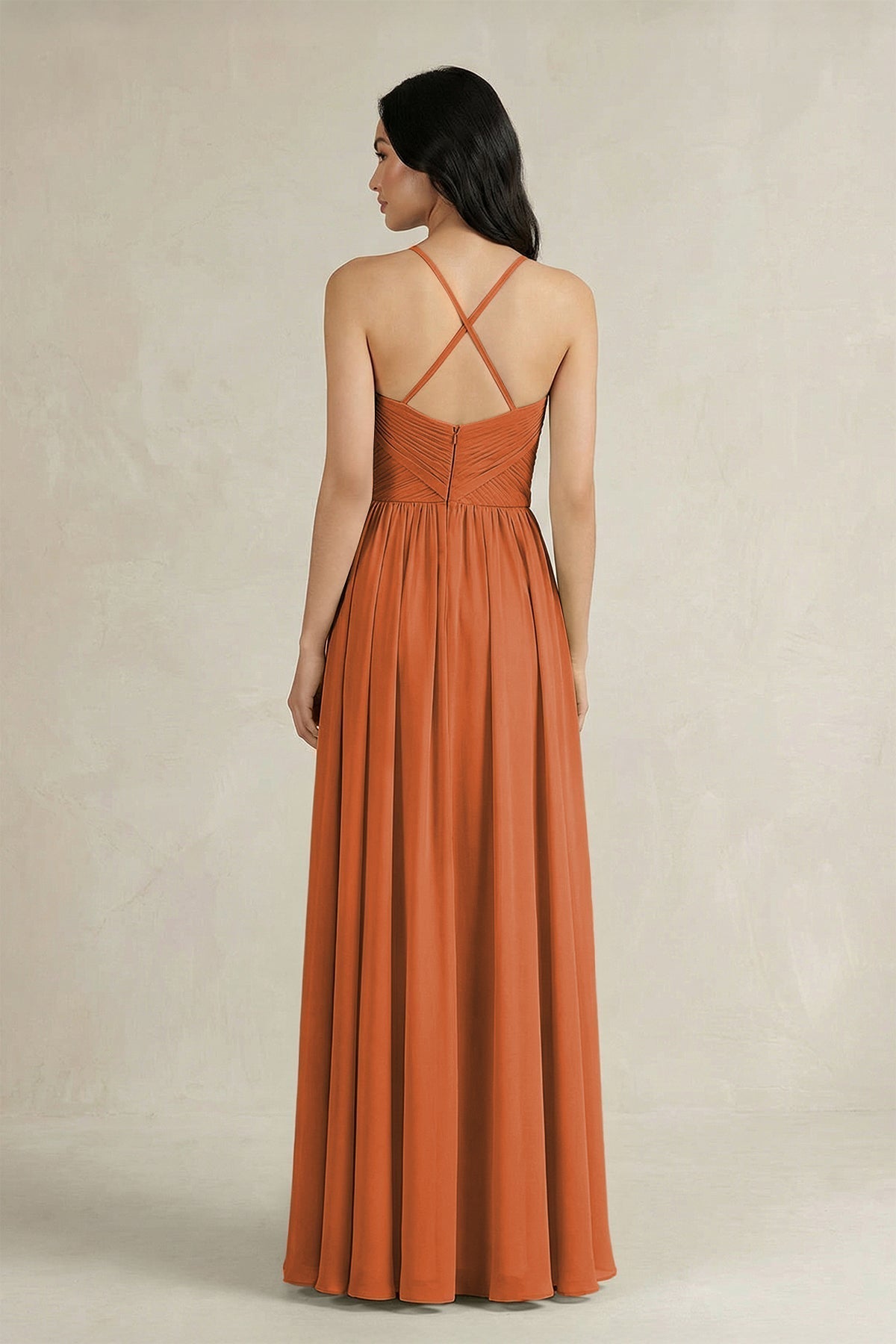 A-Line Pleated Spaghetti Strap Chiffon Bridesmaid Dress in Terracotta