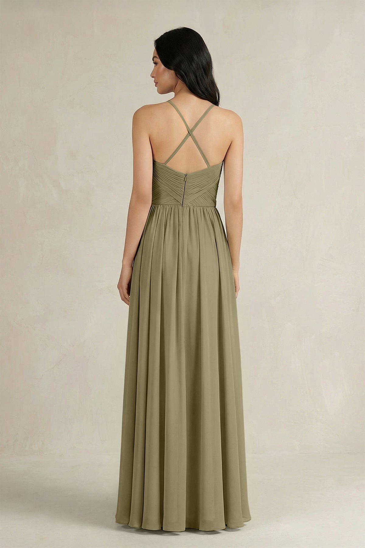 A-Line Pleated Spaghetti Strap Chiffon Bridesmaid Dress in Thyme