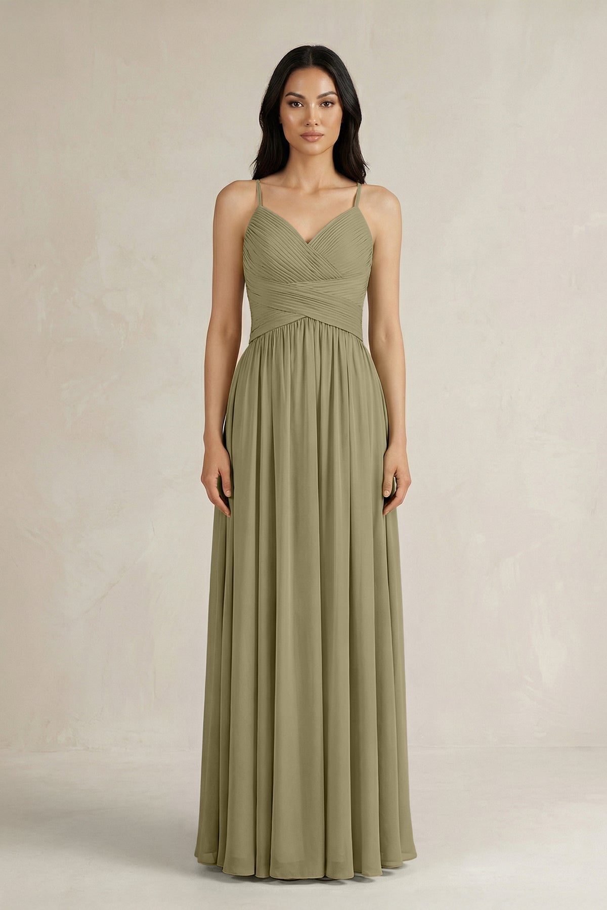 A-Line Pleated Spaghetti Strap Chiffon Bridesmaid Dress in Thyme