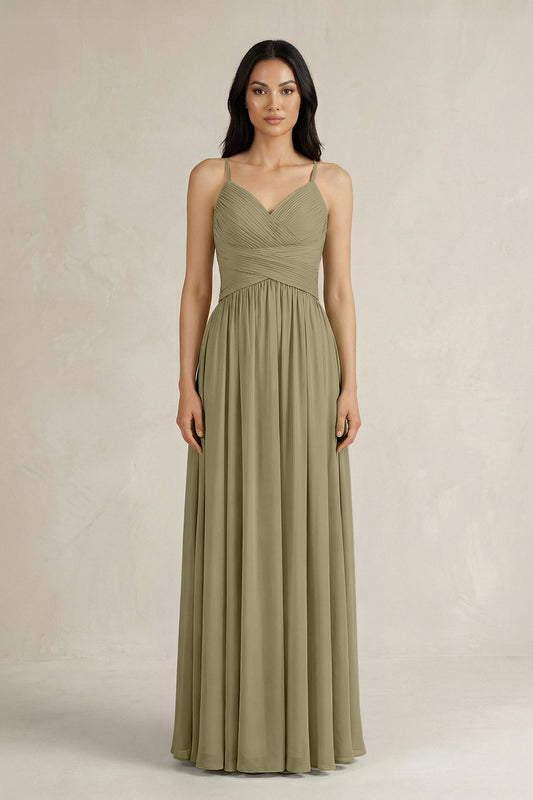 A-Line Pleated Spaghetti Strap Chiffon Bridesmaid Dress in Thyme