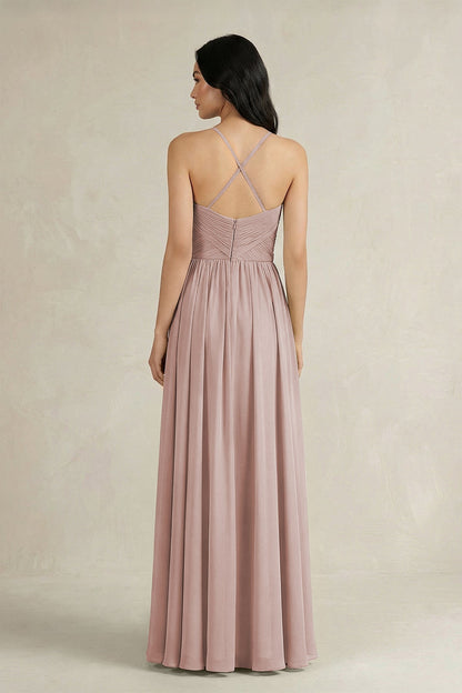 A-Line Pleated Spaghetti Strap Chiffon Bridesmaid Dress in Toffee