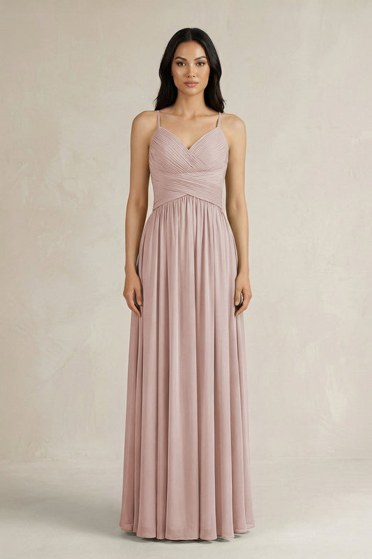 A-Line Pleated Spaghetti Strap Chiffon Bridesmaid Dress in Toffee