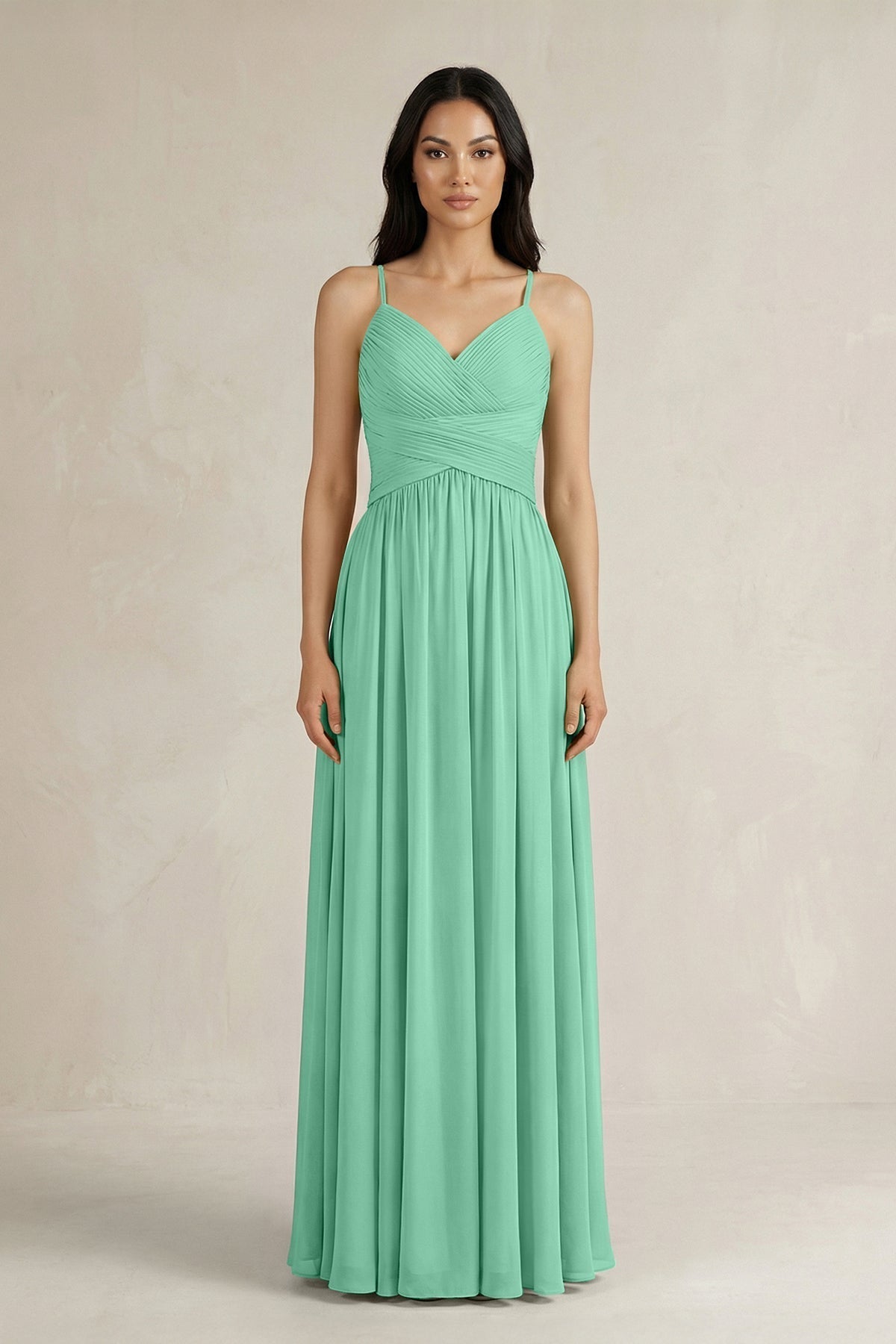 A-Line Pleated Spaghetti Strap Chiffon Bridesmaid Dress in Turquoise