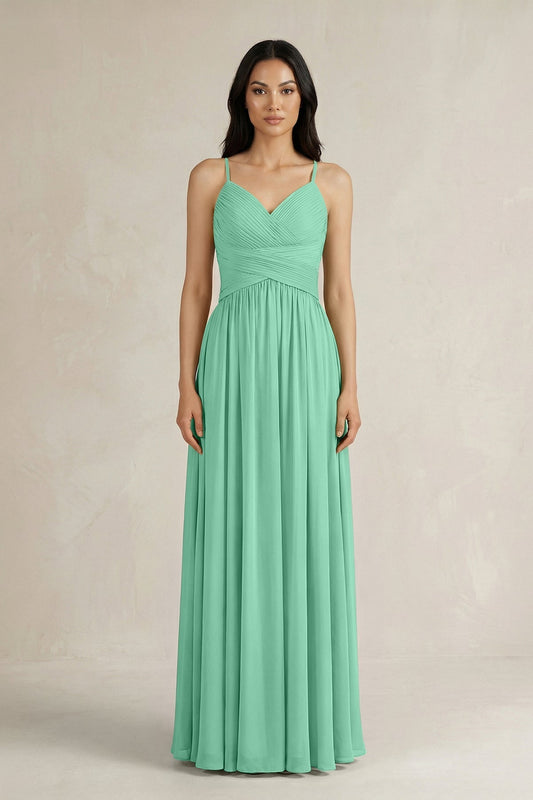 A-Line Pleated Spaghetti Strap Chiffon Bridesmaid Dress in Turquoise