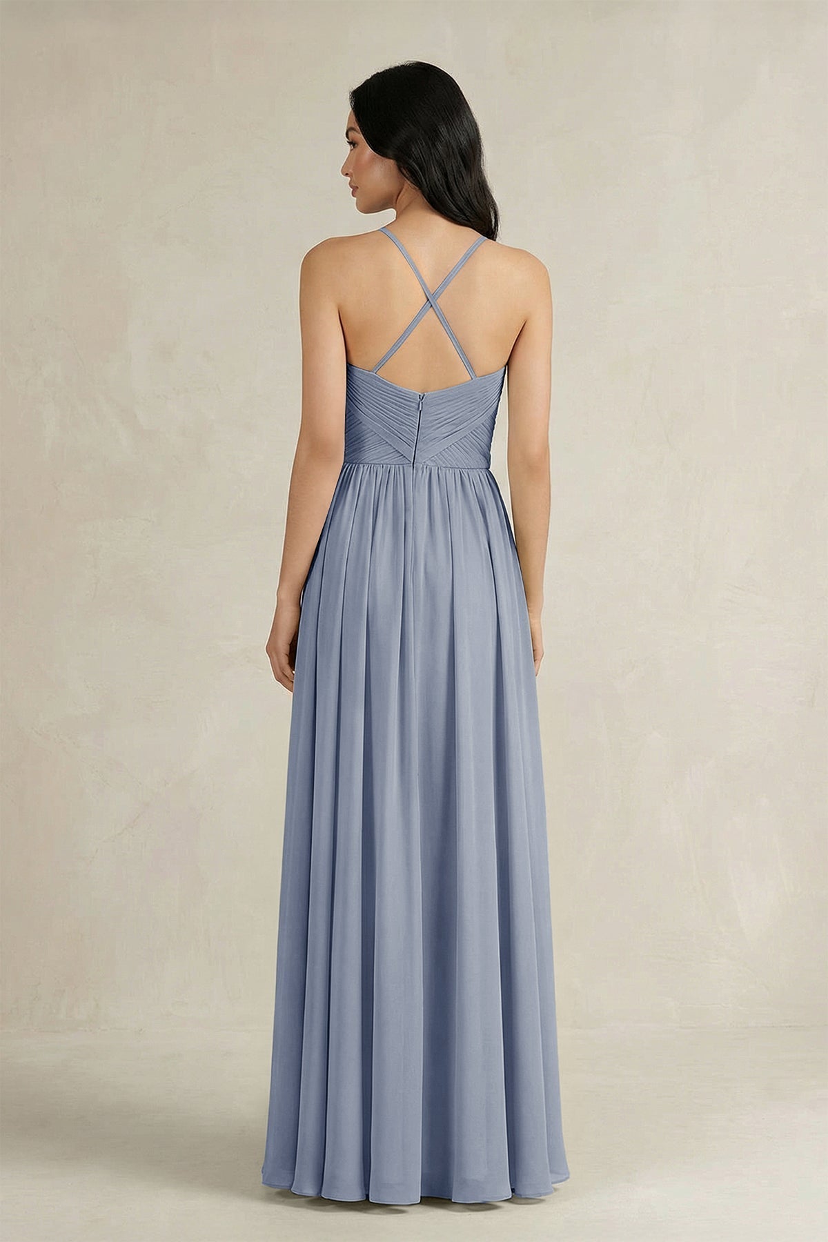 A-Line Pleated Spaghetti Strap Chiffon Bridesmaid Dress in Twilight