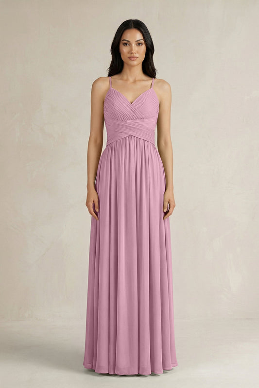 A-Line Pleated Spaghetti Strap Chiffon Bridesmaid Dress in Vintage Mauve