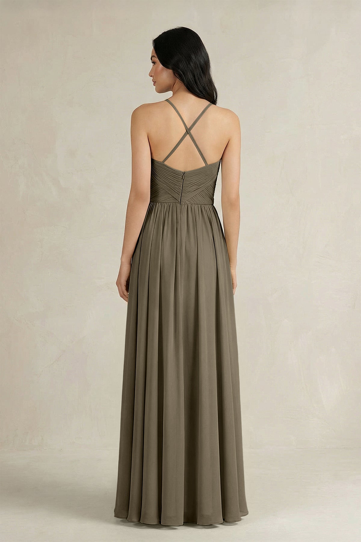 A-Line Pleated Spaghetti Strap Chiffon Bridesmaid Dress in Willow Green