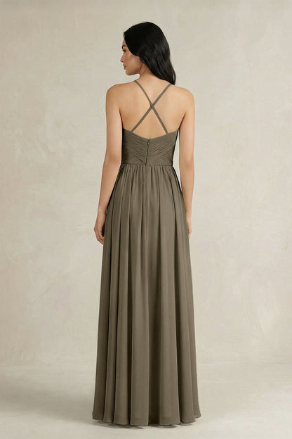 A-Line Pleated Spaghetti Strap Chiffon Bridesmaid Dress in Willow Green