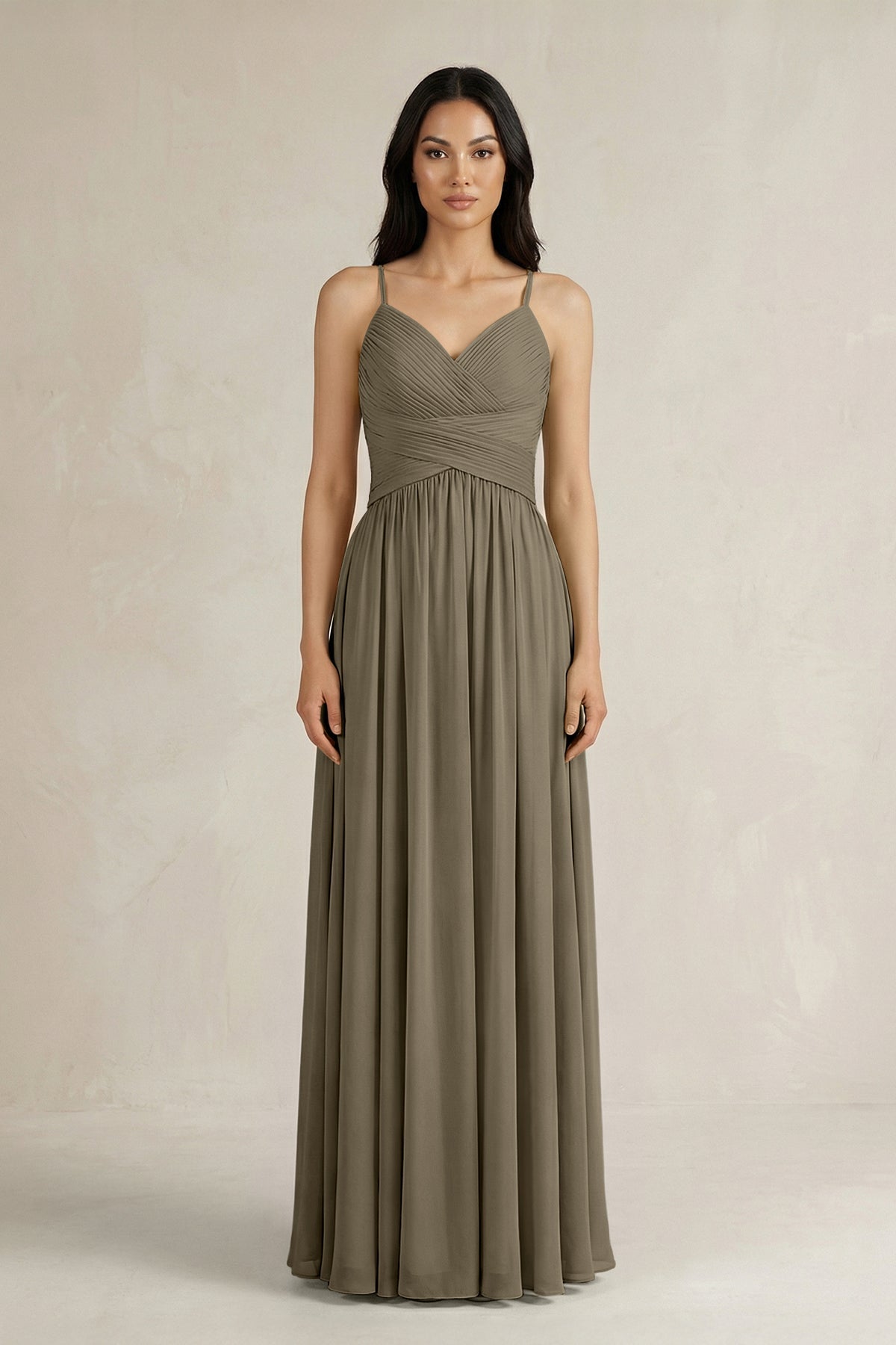 A-Line Pleated Spaghetti Strap Chiffon Bridesmaid Dress in Willow Green
