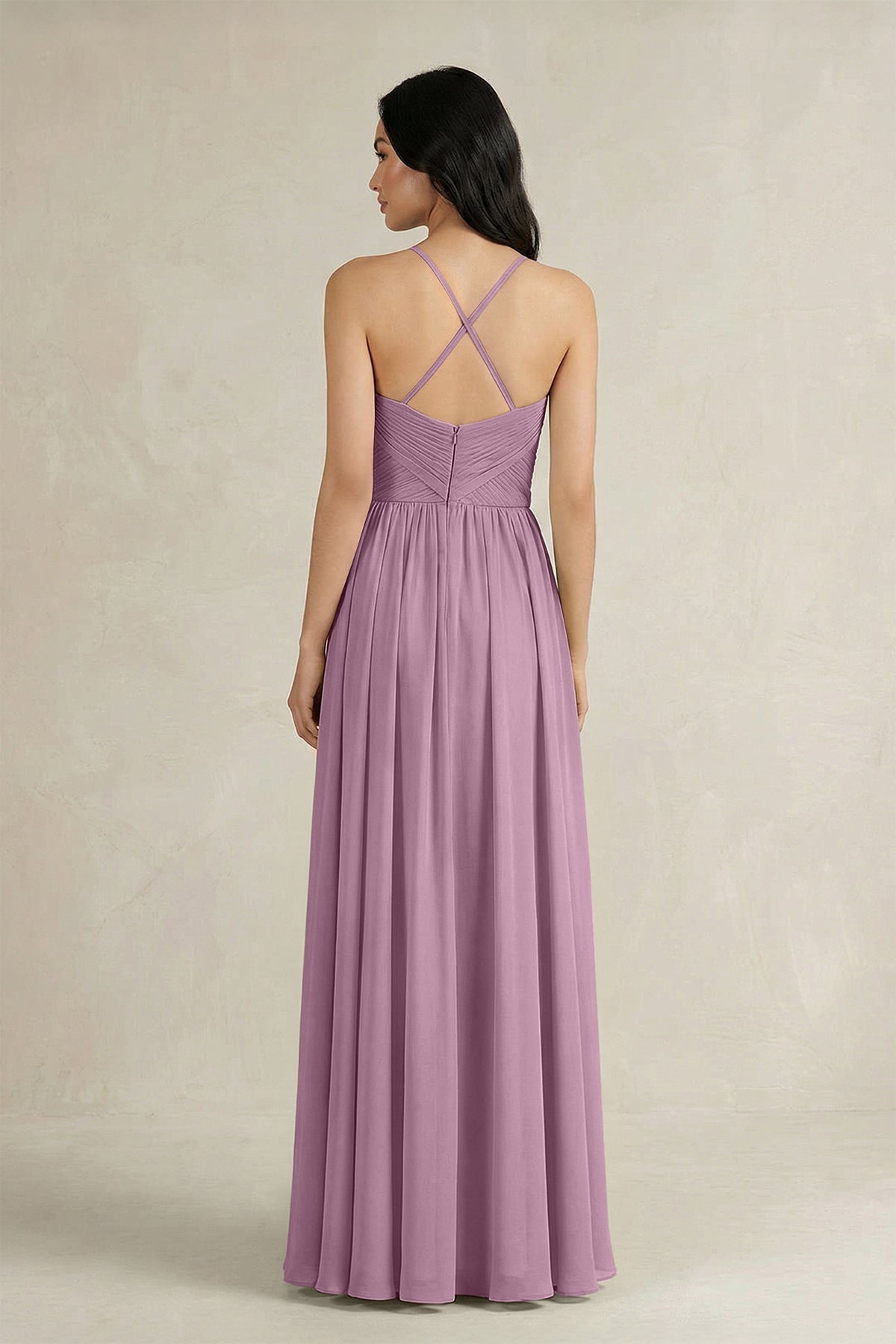 A-Line Pleated Spaghetti Strap Chiffon Bridesmaid Dress in Wisteria