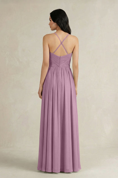 A-Line Pleated Spaghetti Strap Chiffon Bridesmaid Dress in Wisteria
