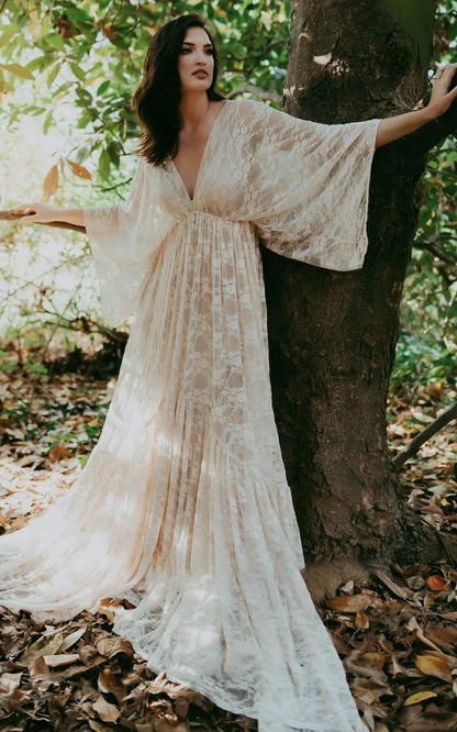 A-Line Plunging Neckline Lace Wedding Dress With Open Back