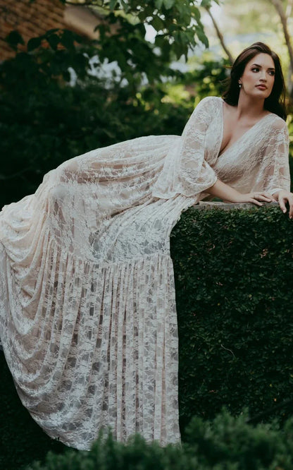 A-Line Plunging Neckline Lace Wedding Dress With Open Back