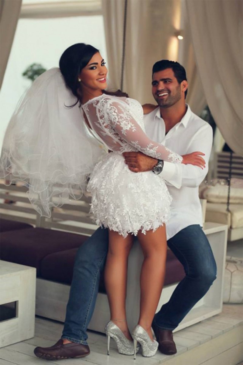 A-Line Illusion Neck Lace Applique Long Sleeves Short-Mini Wedding Dresses