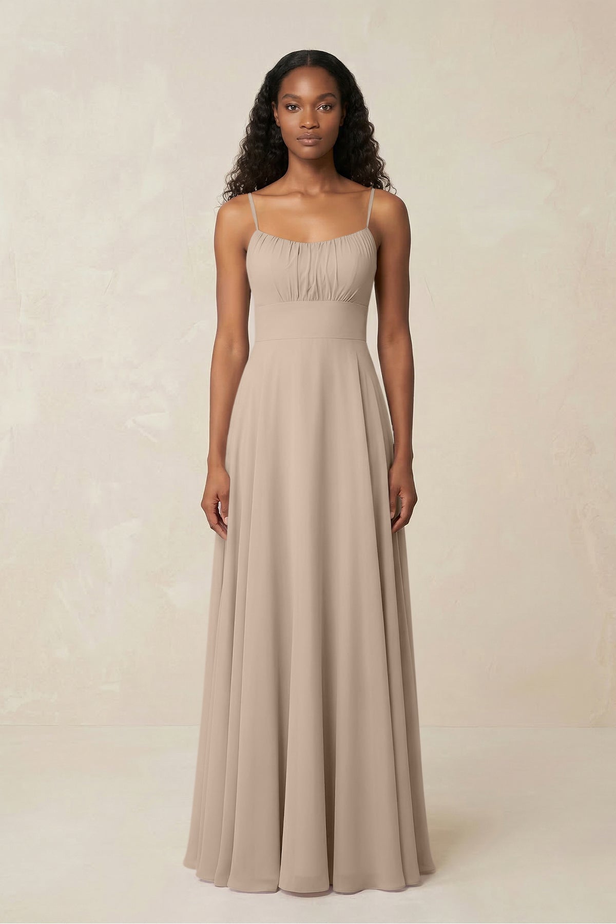 A-Line Ruched Chiffon Spaghetti Strap Bridesmaid Dress in Almond