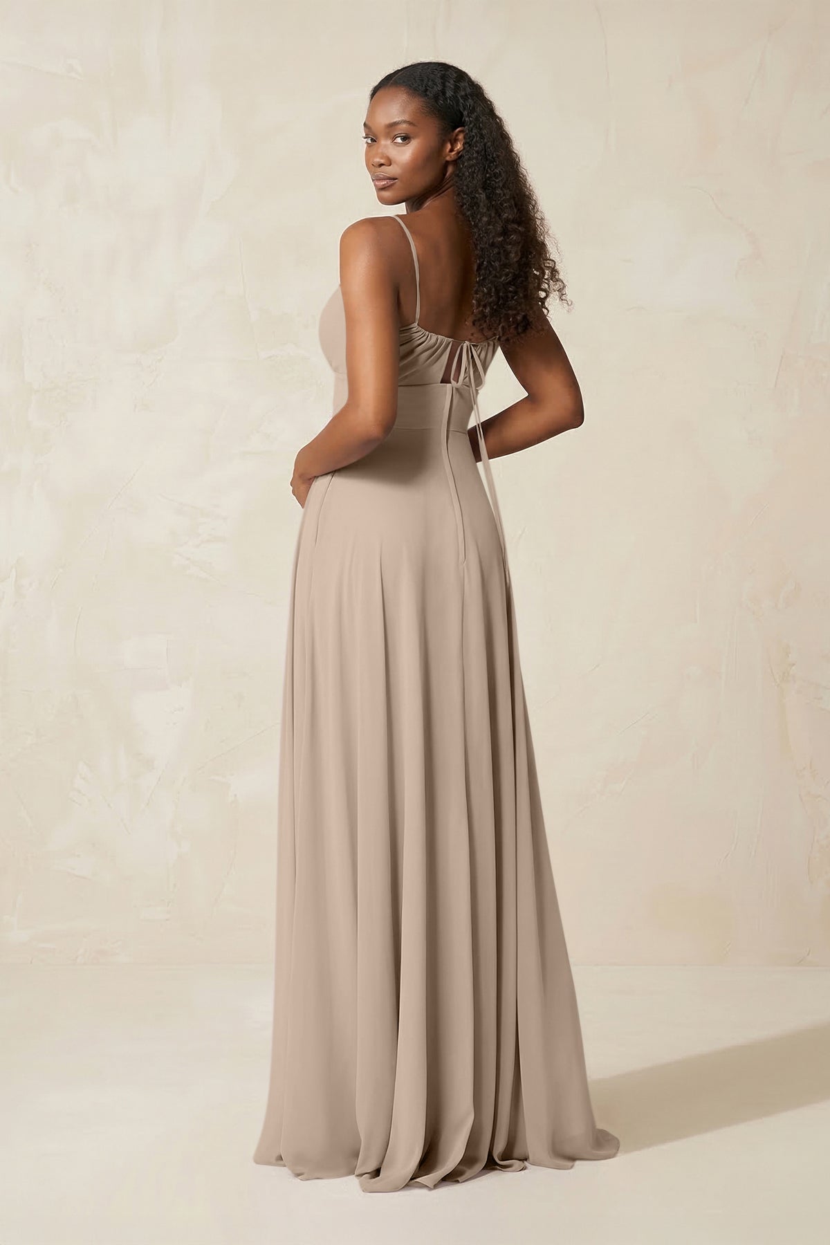 A-Line Ruched Chiffon Spaghetti Strap Bridesmaid Dress in Almond