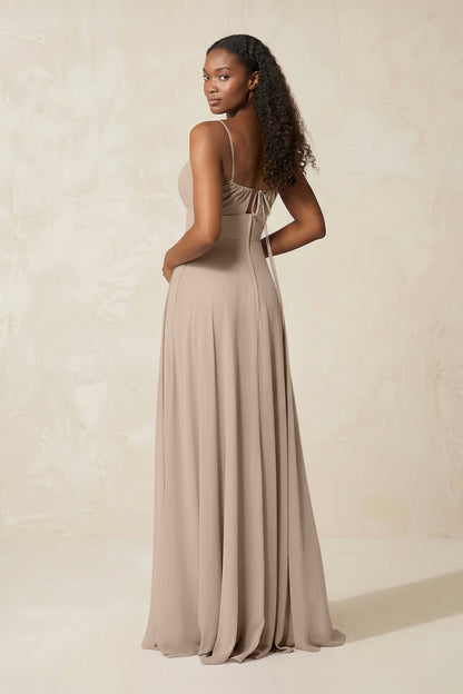 A-Line Ruched Chiffon Spaghetti Strap Bridesmaid Dress in Almond