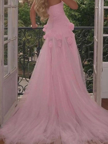 A line Sexy Strapless Sleeveless Pink Slit Flowers Prom Dress