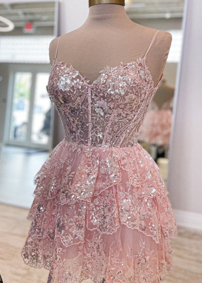 A- Line Sky Blue Sequins Multi-Layers Short Homecoming Dress