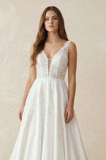 A Line V Neck Satin Wedding Dress With Appliques