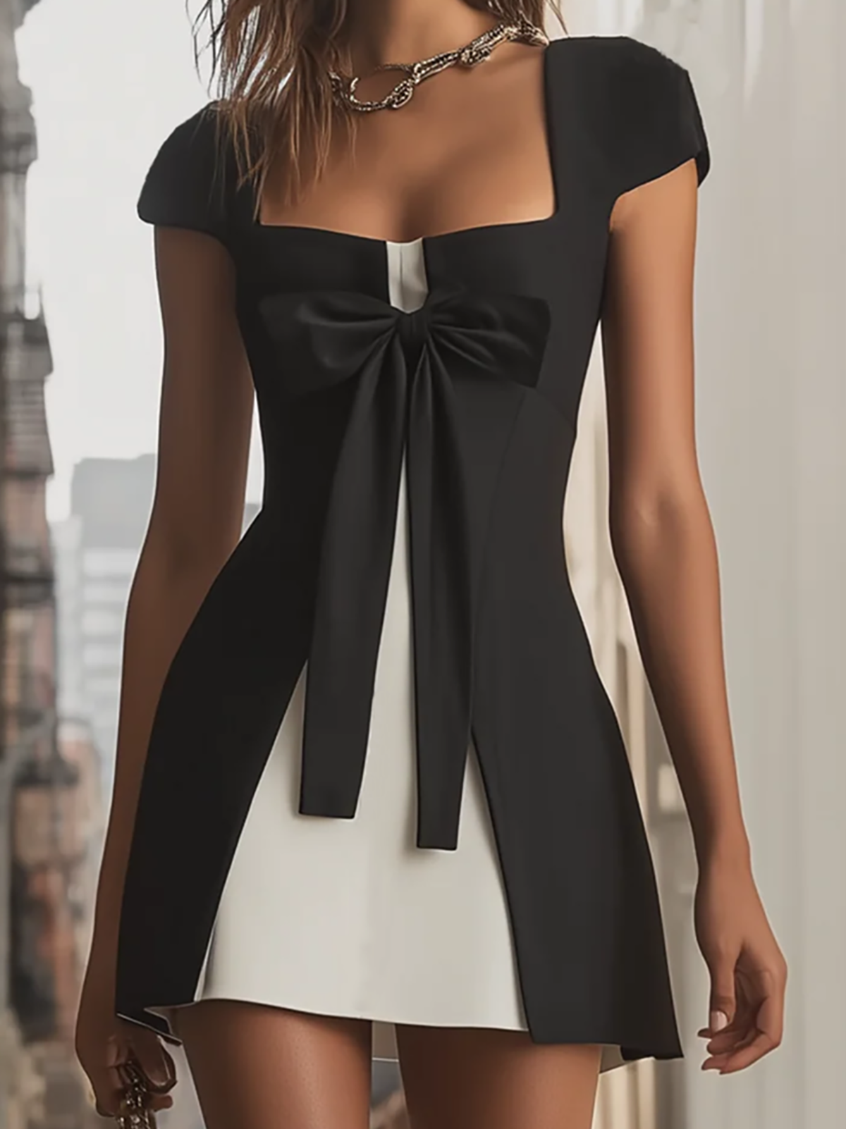 Black And White Contrast Bow Detail Mini Dress