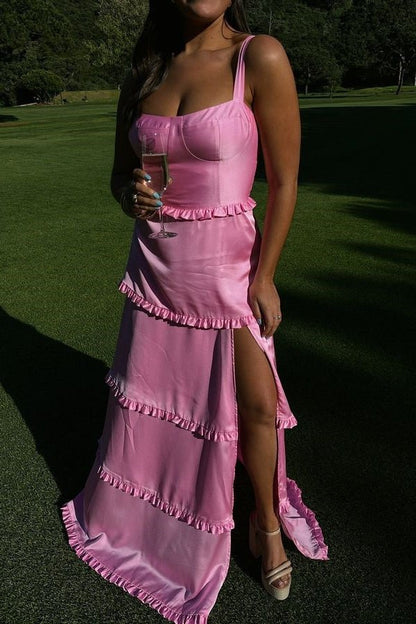 A-Line Hot Pink Ruffles Slit Prom Dress with Lace-up Back