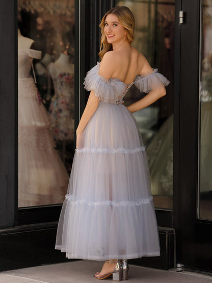 A-Line Corset Ruffled Tulle Prom Dress