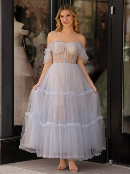 A-Line Corset Ruffled Tulle Prom Dress