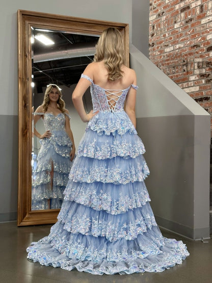 A-Line Lace Off-the-Shoulder Tiered Long Prom Dress with Slit