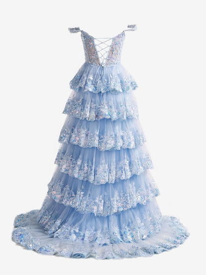 A-Line Lace Off-the-Shoulder Tiered Long Prom Dress with Slit