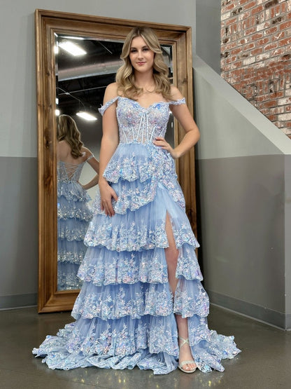 A-Line Lace Off-the-Shoulder Tiered Long Prom Dress with Slit