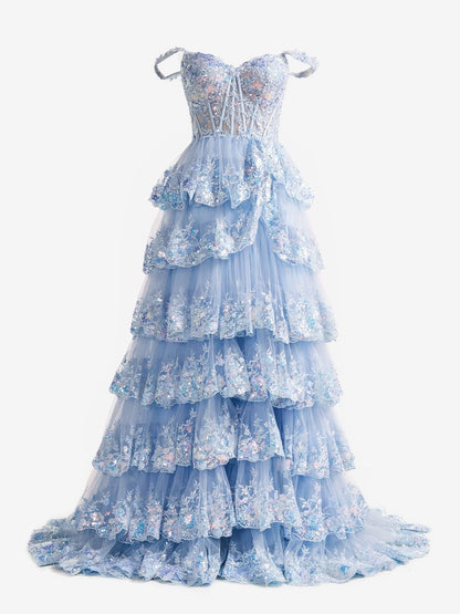 A-Line Lace Off-the-Shoulder Tiered Long Prom Dress with Slit