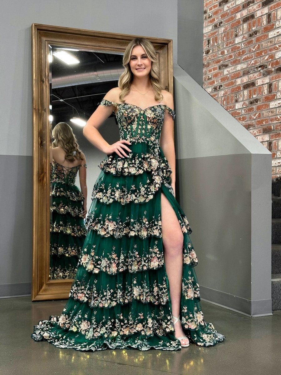 A-Line Lace Off-the-Shoulder Tiered Long Prom Dress with Slit