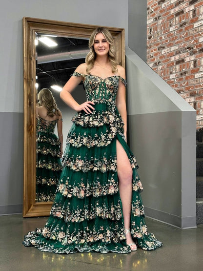 A-Line Lace Off-the-Shoulder Tiered Long Prom Dress with Slit