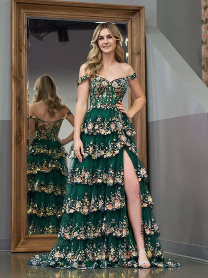 A-Line Lace Off-the-Shoulder Tiered Long Prom Dress with Slit