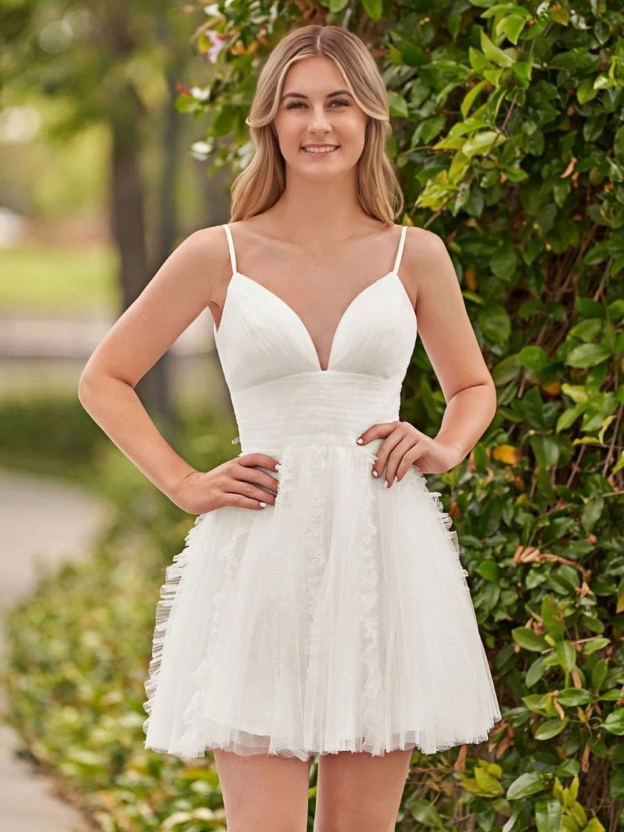 A-Line Deep V Neck Ruched Short Homecoming Dress