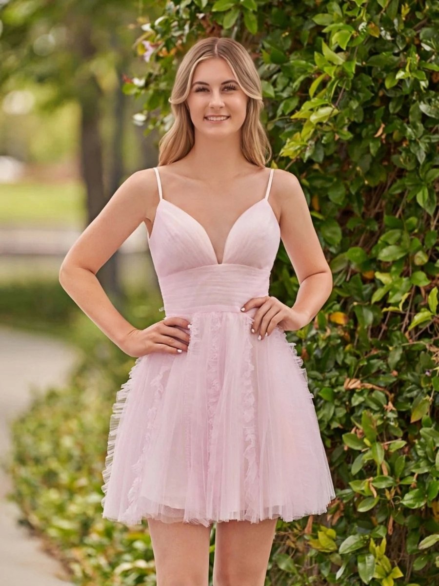 A-Line Deep V Neck Ruched Short Homecoming Dress