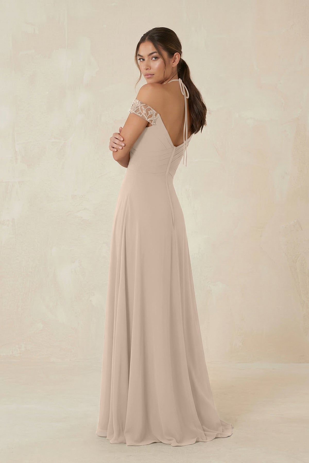 A-Line Off-the-Shoulder Chiffon Bridesmaid Dress in Almond