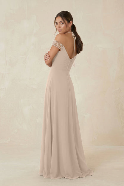 A-Line Off-the-Shoulder Chiffon Bridesmaid Dress in Almond
